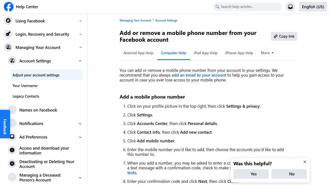Add or remove a mobile phone number from your Facebook account Facebook Help Center